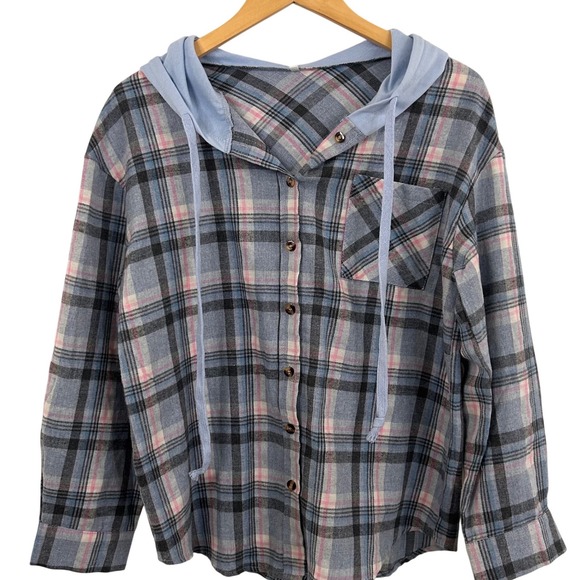 Tops - Womens Blue Plaid Hooded Flannel Shirt Button Up Long Sleeve Size M Relaxed Fit
